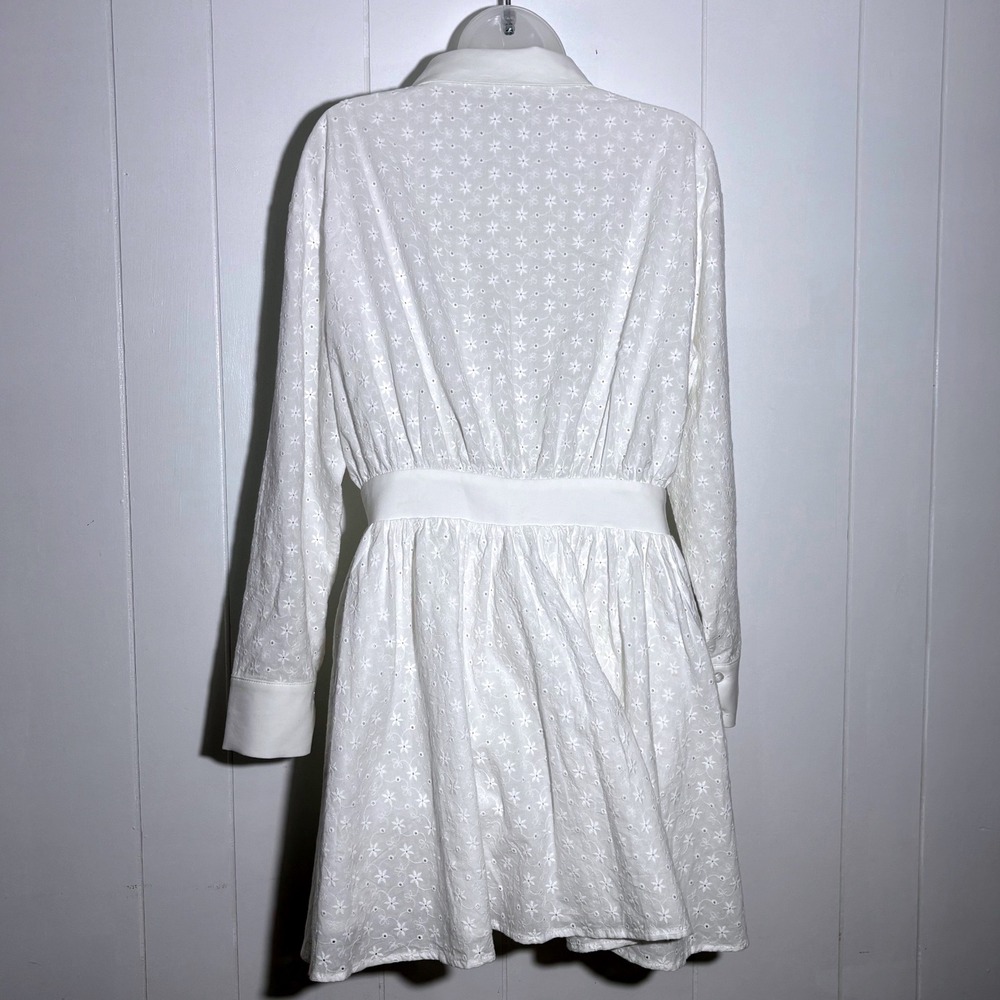 Miss Circle Gabriella White Eyelet Cotton Button Up Mini Long Sleeve Shirt Dress - Picture 3 of 12